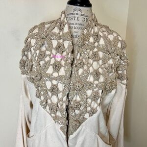 VNG Lim's 70s 100% silk cream cardigan w/crochet&beads decoration open front